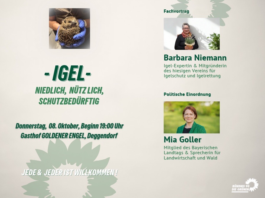 Vortragsabend: "Igel - niedlich, nützlich, schutzbedürftig" am 8.10.2026 um 19 Uhr im Restaurant Goldener Engel in Deggendorf